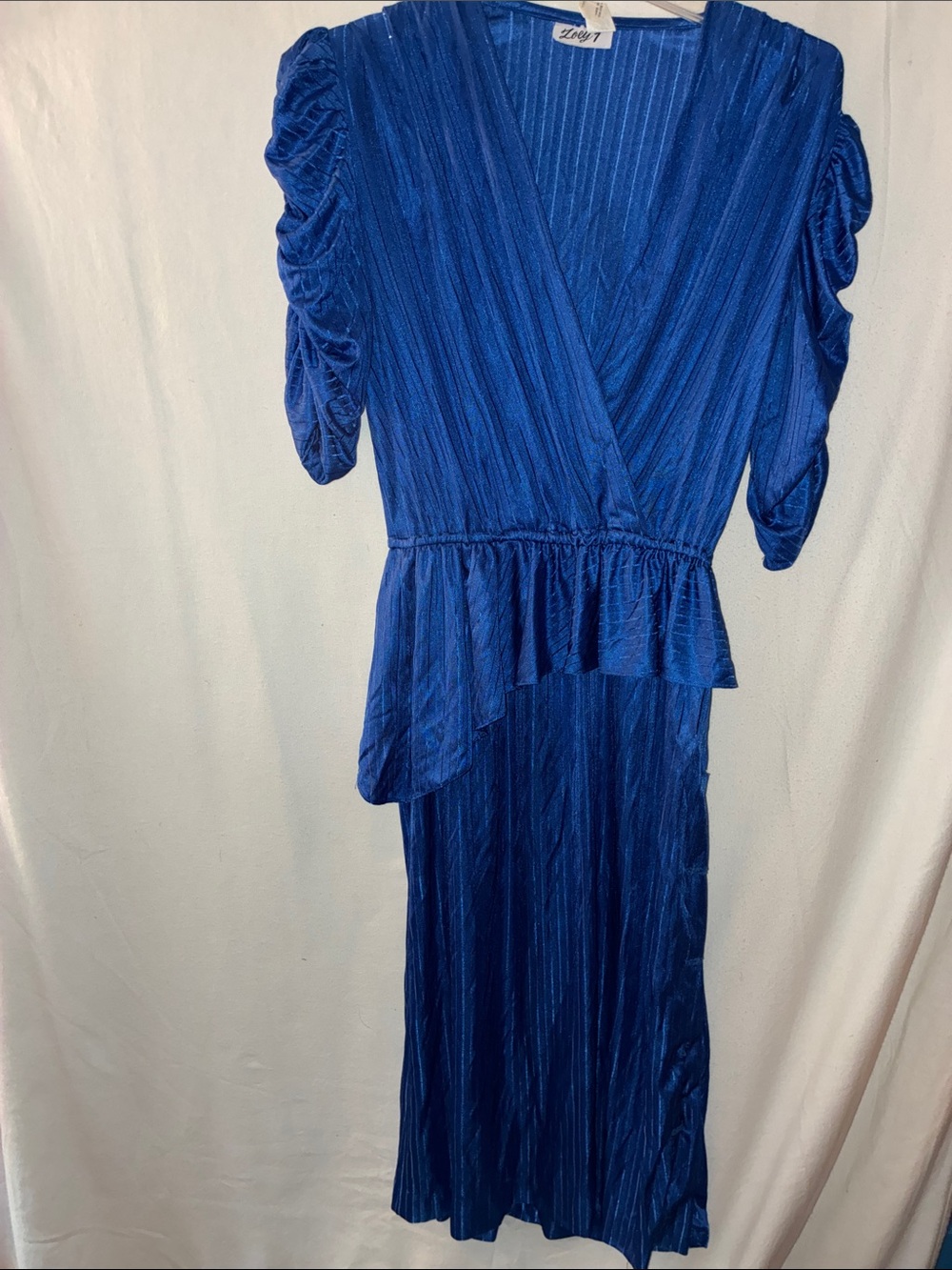 Vintage Royal Blue V-Neck Midi Dress with Ruffle Waist